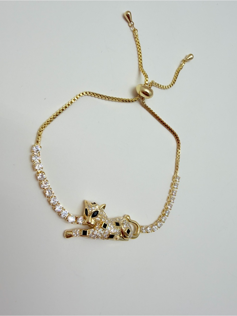 Gold Panther Adjustable Bracelet with Clear Crystals